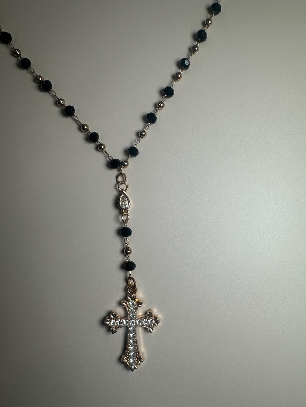 Delicate Black Bead Rosary Cross Necklace - Unbranded